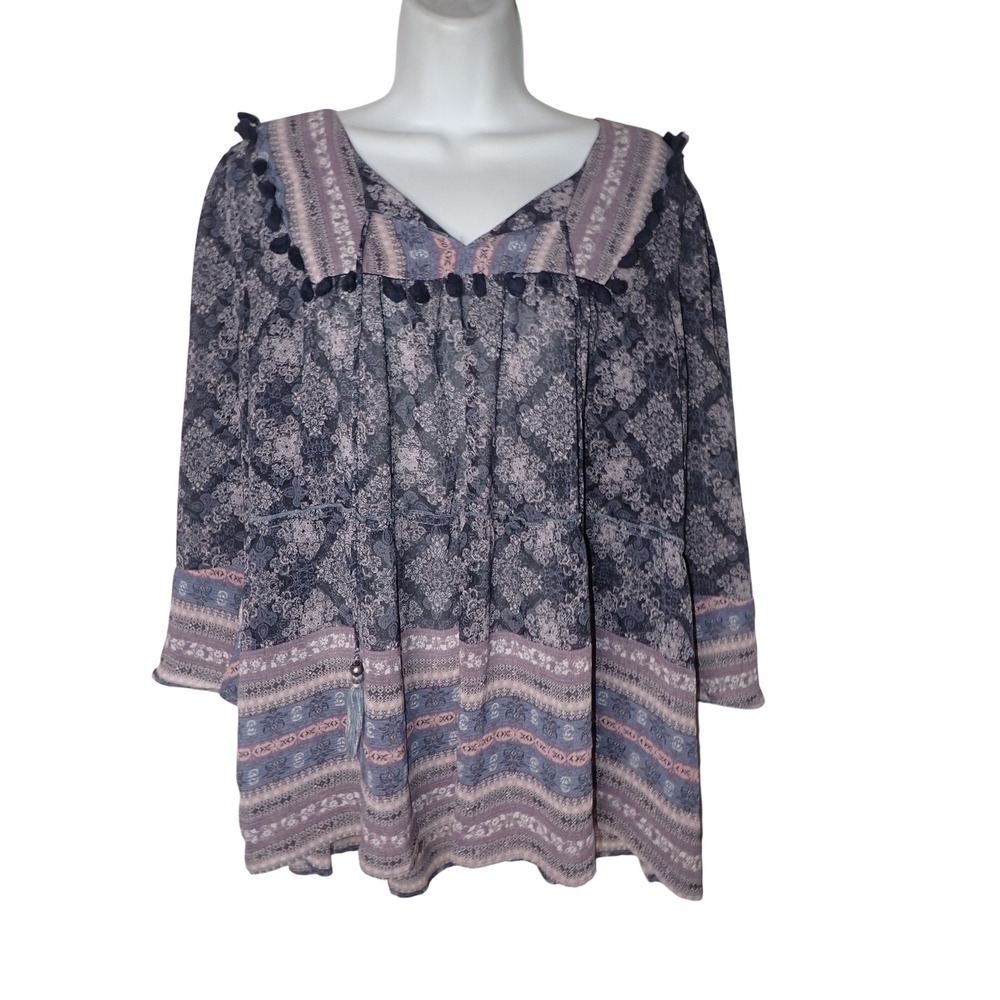 Knox Rose Women's Boho Floral Pom Pom Tiered Bell Sleeve Blouse Purple XXL